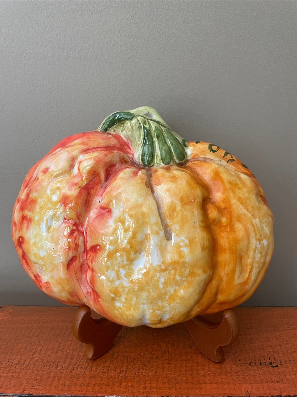 Glazed Ceramic Pumpkin Accent - Orange, Yellow, Green hang or display